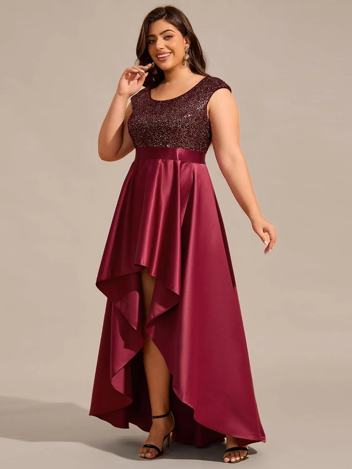Ever-Pretty Plus Women's Round Neck Satin Sequin A Line Plus Size High Low Prom Evening Dresses with Sleeves 03667-DA