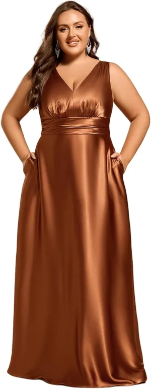 Ever-Pretty Plus Women's Sleeveless V Neck Pleated Spring Plus Size Satin Formal Dresses with Pockets 02326-DA