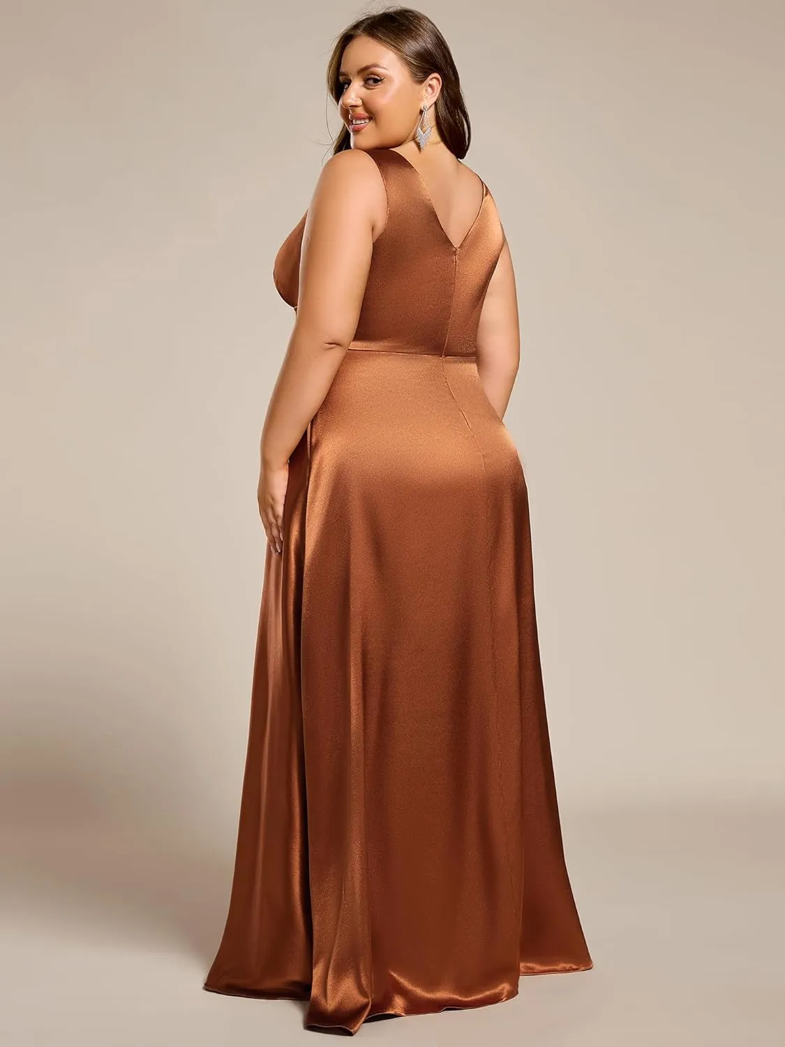 Ever-Pretty Plus Women's Sleeveless V Neck Pleated Spring Plus Size Satin Formal Dresses with Pockets 02326-DA