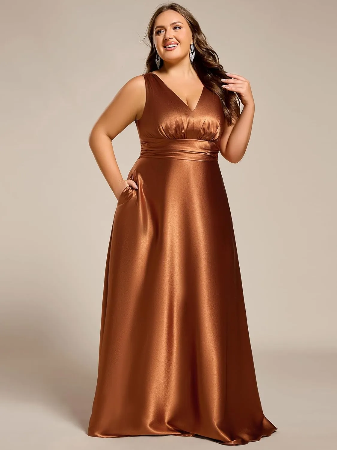 Ever-Pretty Plus Women's Sleeveless V Neck Pleated Spring Plus Size Satin Formal Dresses with Pockets 02326-DA