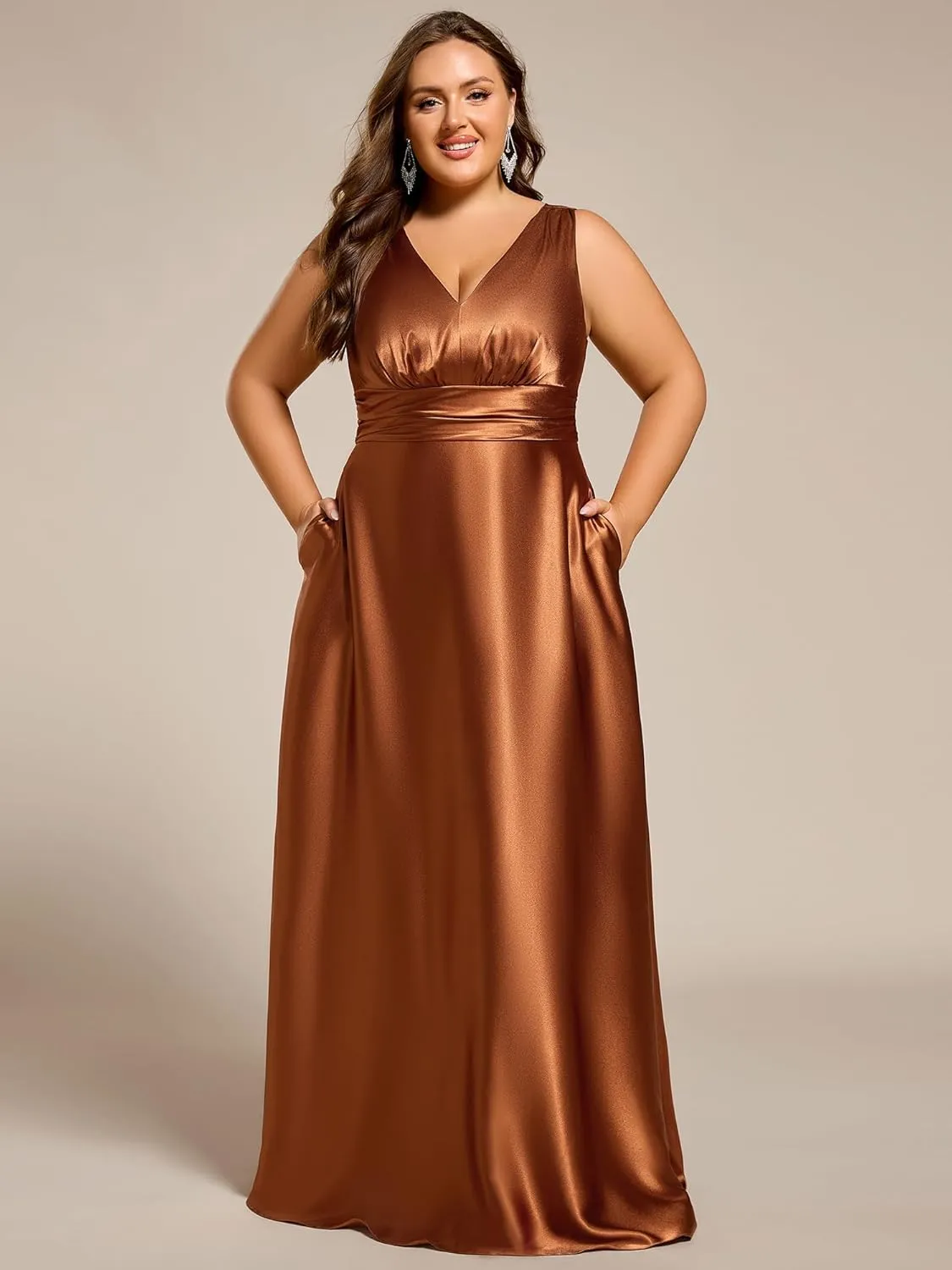 Ever-Pretty Plus Women's Sleeveless V Neck Pleated Spring Plus Size Satin Formal Dresses with Pockets 02326-DA