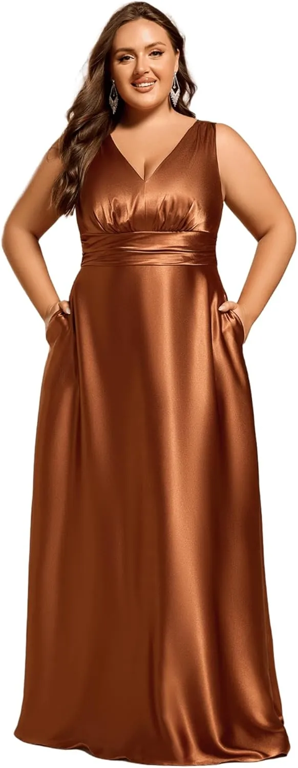 Ever-Pretty Plus Women's Sleeveless V Neck Pleated Spring Plus Size Satin Formal Dresses with Pockets 02326-DA