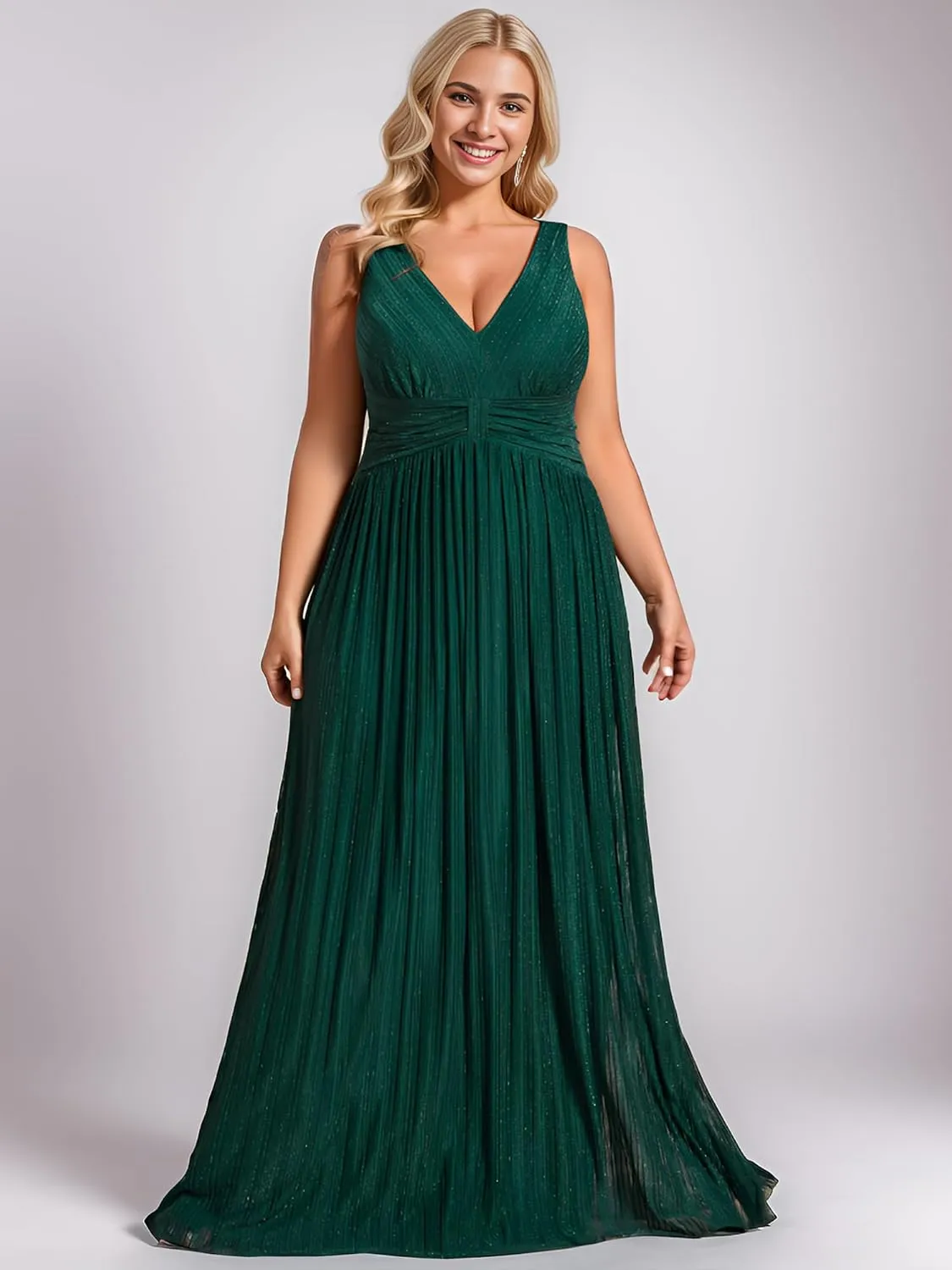 Ever-Pretty Women's Glitter V Neck Formal Gowns Pleated Sleeveless Plus Size Formal Dress 02133-DA