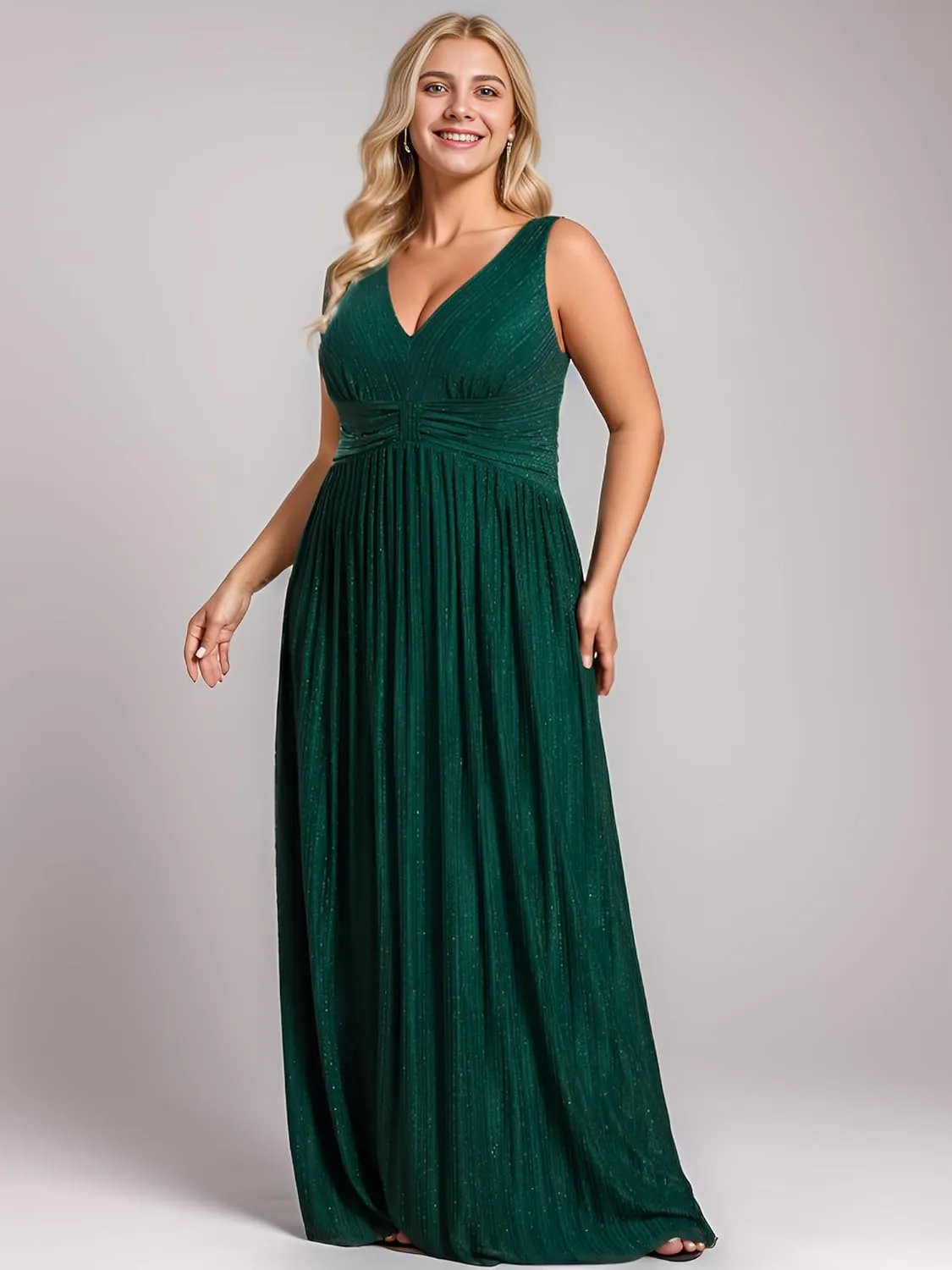 Ever-Pretty Women's Glitter V Neck Formal Gowns Pleated Sleeveless Plus Size Formal Dress 02133-DA