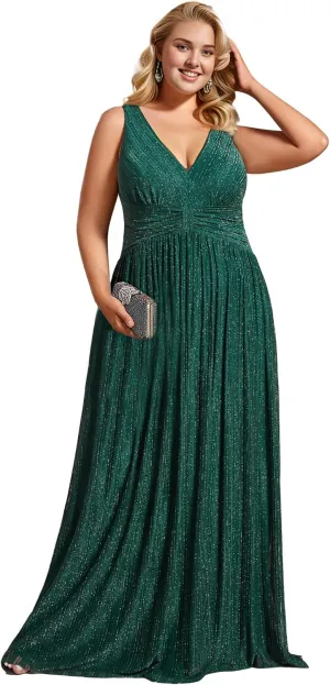 Ever-Pretty Women's Glitter V Neck Formal Gowns Pleated Sleeveless Plus Size Formal Dress 02133-DA