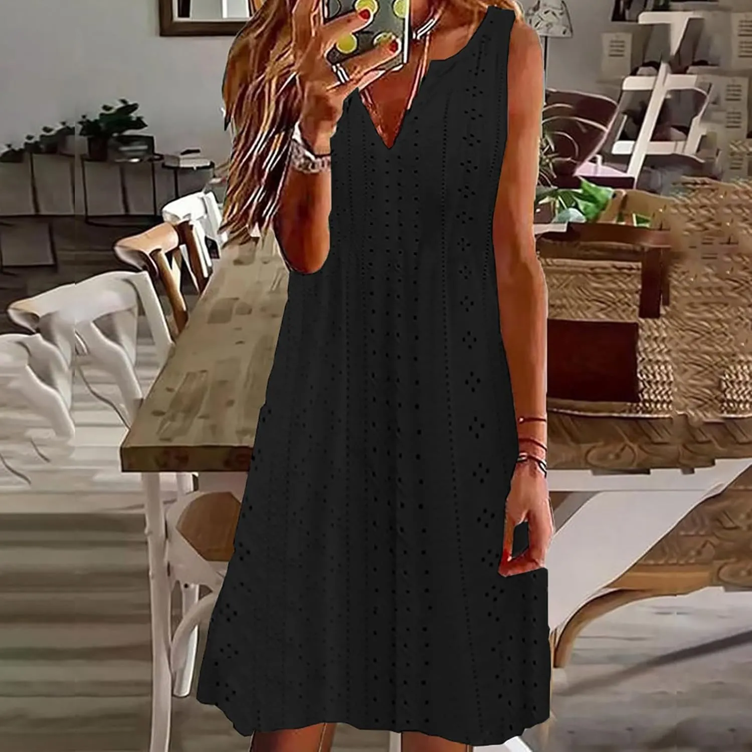 Eyelet Dresses for Women Dressy Casual Summer Beach Tank Dress Sleeveless v Neck Flowy Midi Dress Vacation Outfits