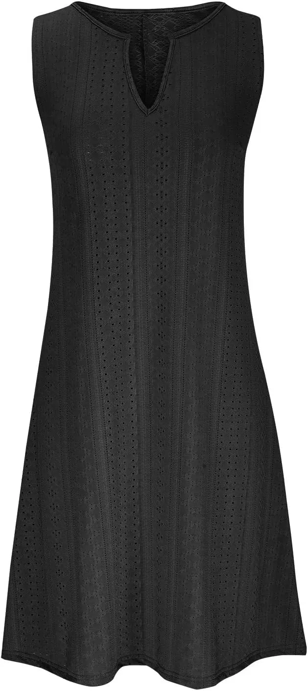 Eyelet Dresses for Women Dressy Casual Summer Beach Tank Dress Sleeveless v Neck Flowy Midi Dress Vacation Outfits