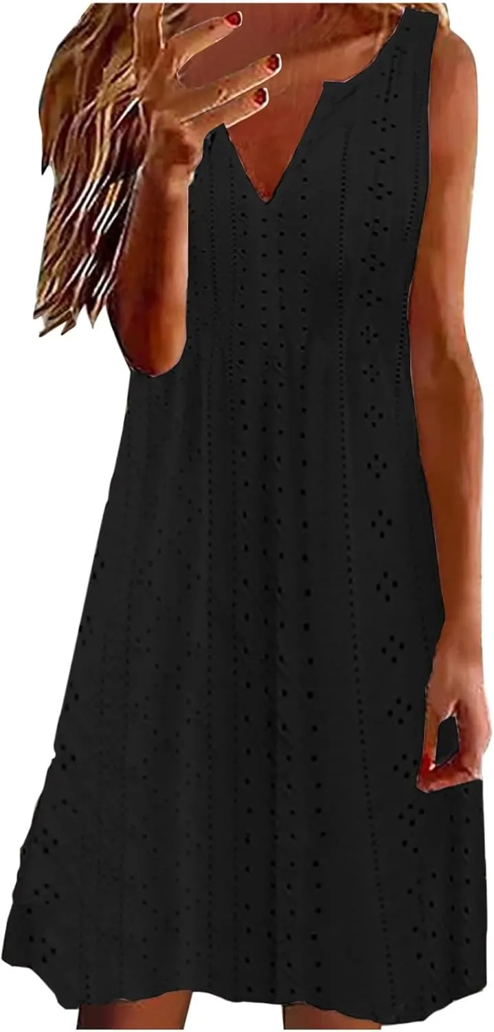 Eyelet Dresses for Women Dressy Casual Summer Beach Tank Dress Sleeveless v Neck Flowy Midi Dress Vacation Outfits