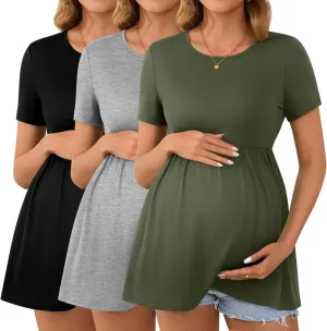 Ficerd 3 Packs Cotton Women's Maternity Tops Short Sleeve Scoop Neck Elastic Band High Waist Shirts Pregnancy Clothes
