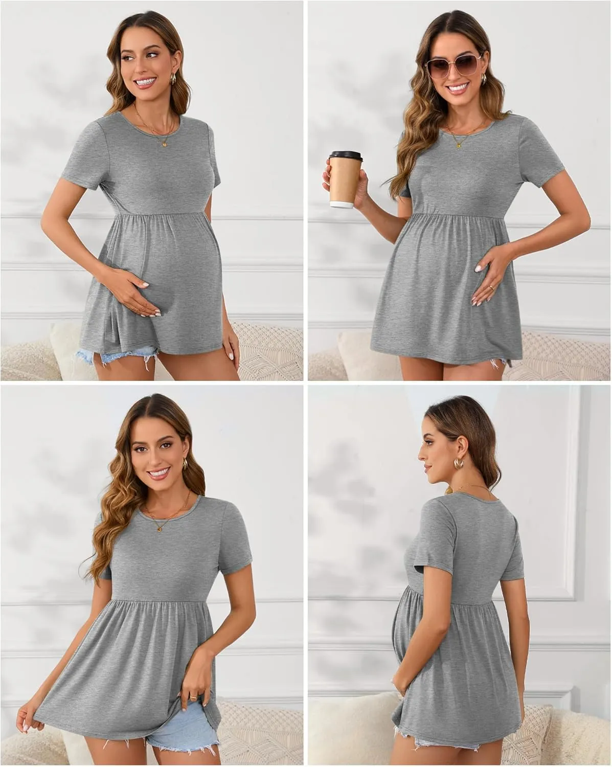 Ficerd 3 Packs Cotton Women's Maternity Tops Short Sleeve Scoop Neck Elastic Band High Waist Shirts Pregnancy Clothes