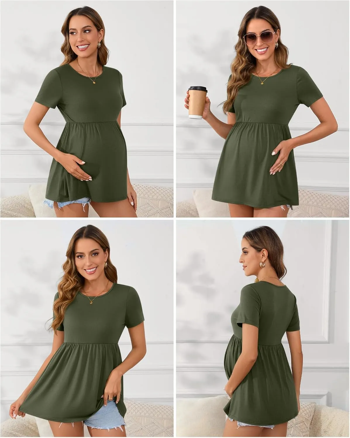 Ficerd 3 Packs Cotton Women's Maternity Tops Short Sleeve Scoop Neck Elastic Band High Waist Shirts Pregnancy Clothes