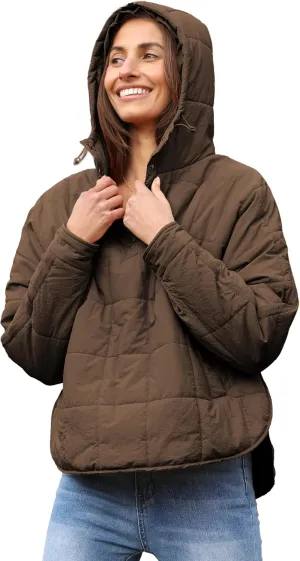 Fiona Jolin Women's Quilted Pullover Puffer Jacket Lightweight Oversized Hoodie Warm Winter Coats Outerwear