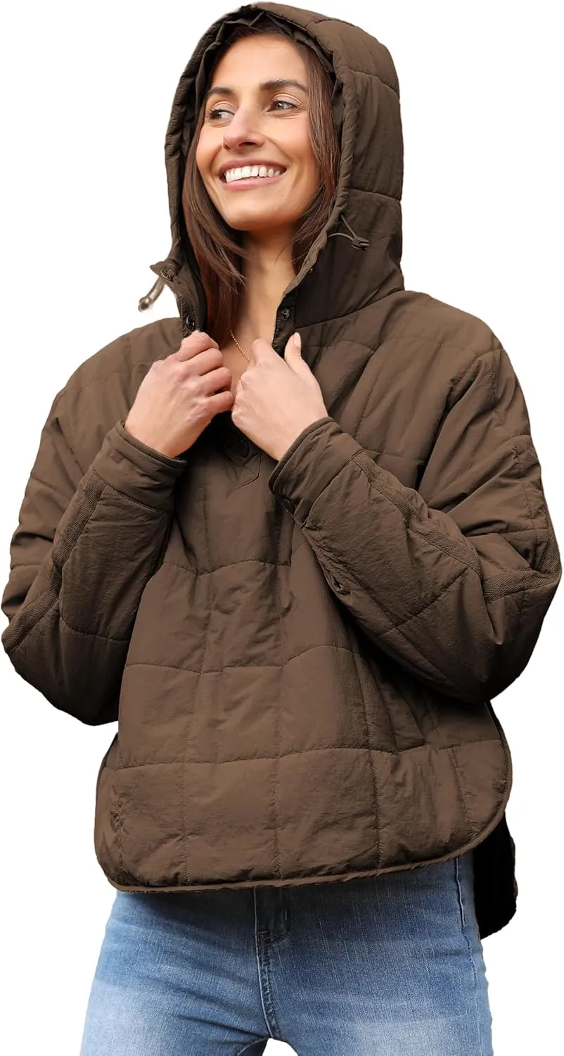 Fiona Jolin Women's Quilted Pullover Puffer Jacket Lightweight Oversized Hoodie Warm Winter Coats Outerwear