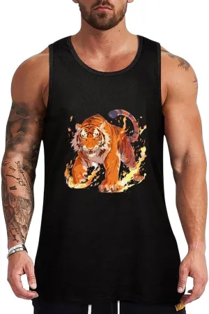 Flame Roaring Tiger Mens Tank Top Cotton Undershirt Crewneck Sleeveless Shirt for Summer