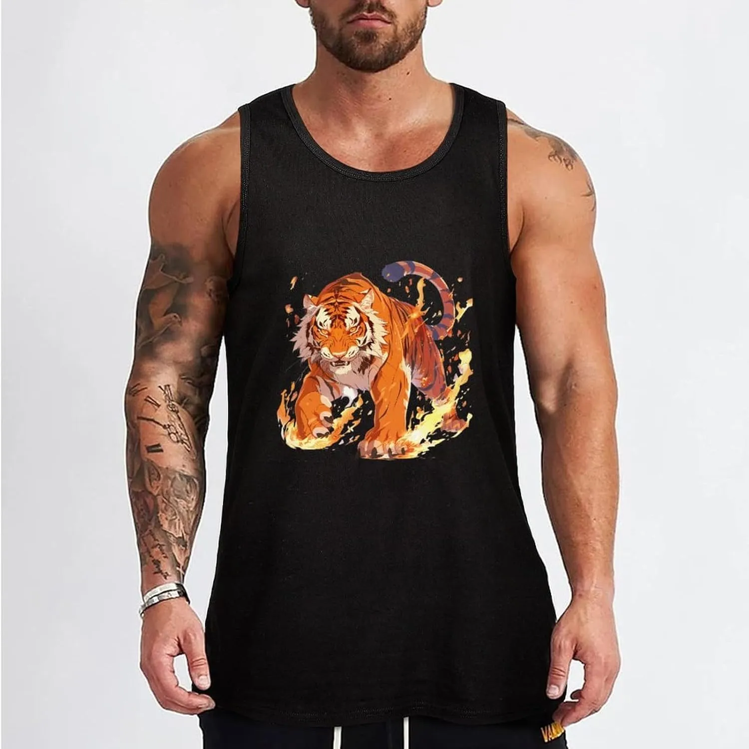 Flame Roaring Tiger Mens Tank Top Cotton Undershirt Crewneck Sleeveless Shirt for Summer