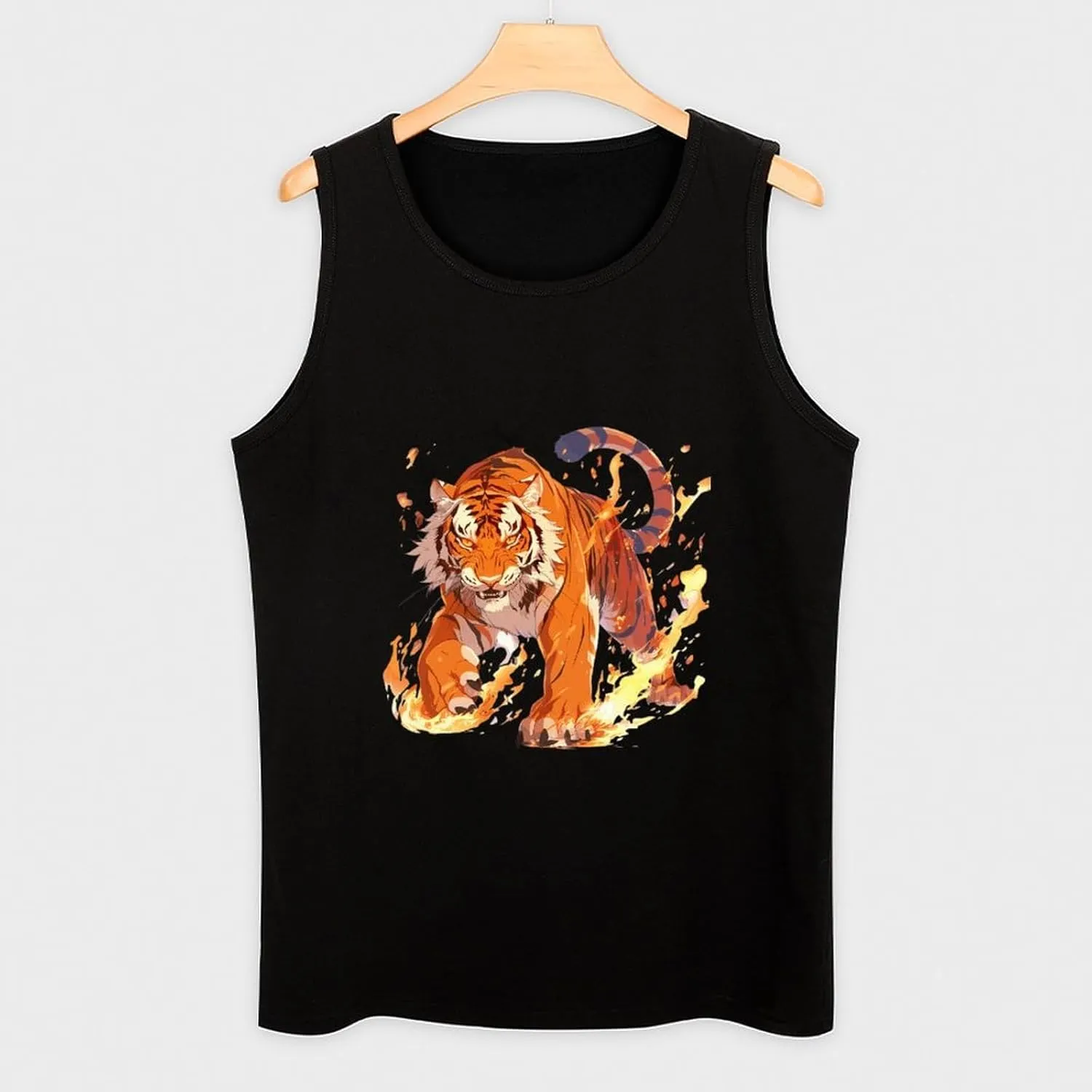 Flame Roaring Tiger Mens Tank Top Cotton Undershirt Crewneck Sleeveless Shirt for Summer