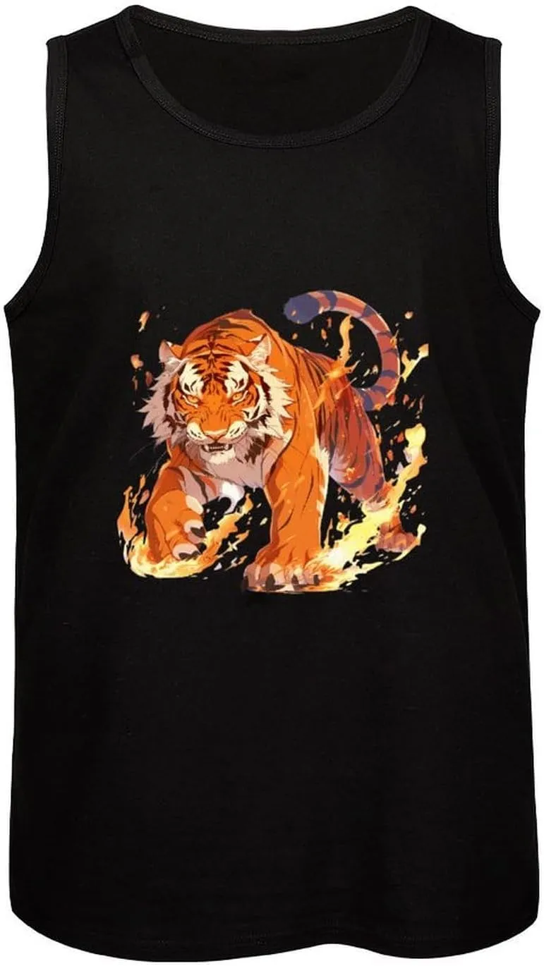 Flame Roaring Tiger Mens Tank Top Cotton Undershirt Crewneck Sleeveless Shirt for Summer