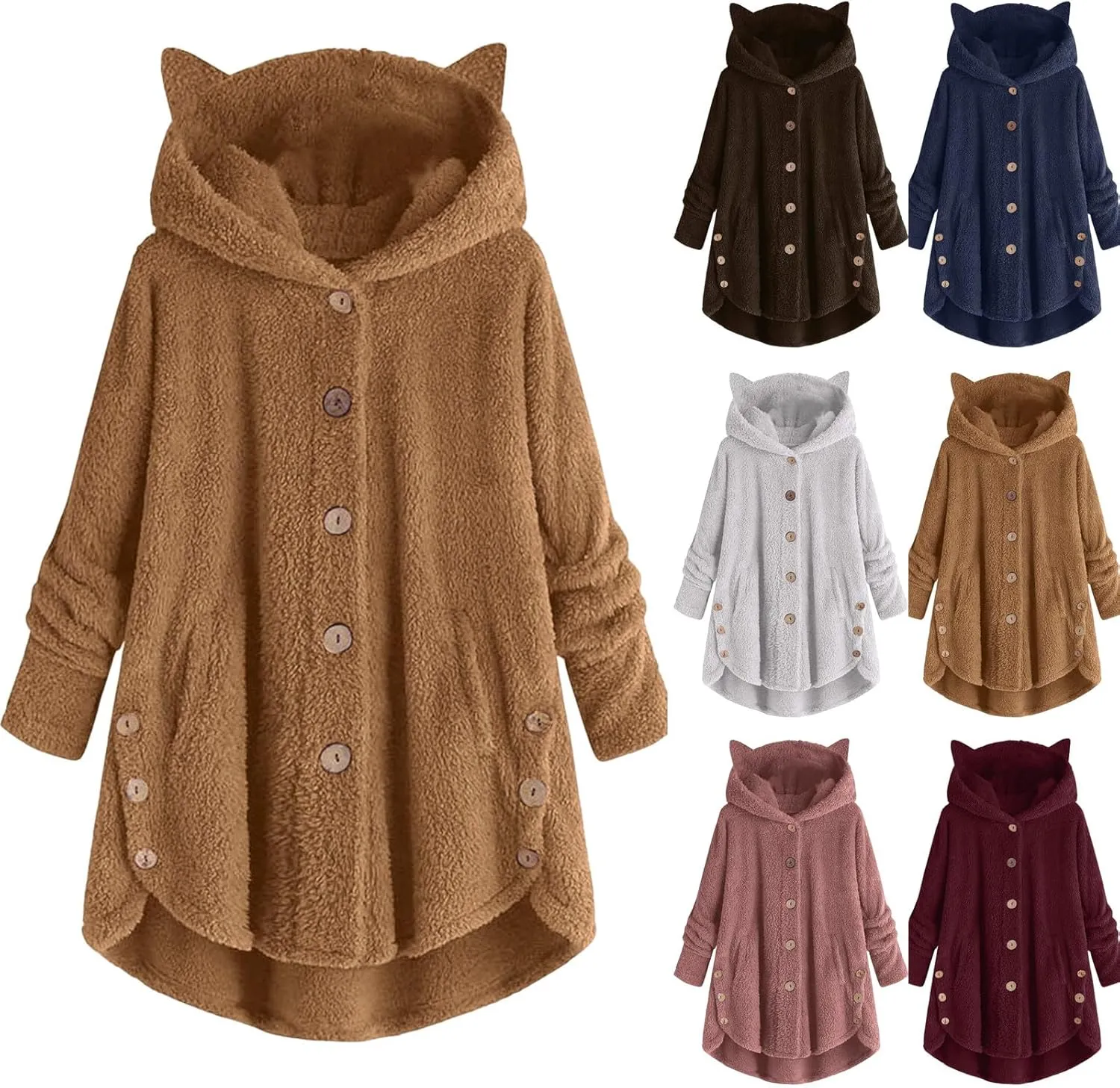 Fleece Jacket Women Pullover Hoodie Fleece Hooded Sweatshirt Cat Ear Pocket Solid Warm Winter Oversized Outwear