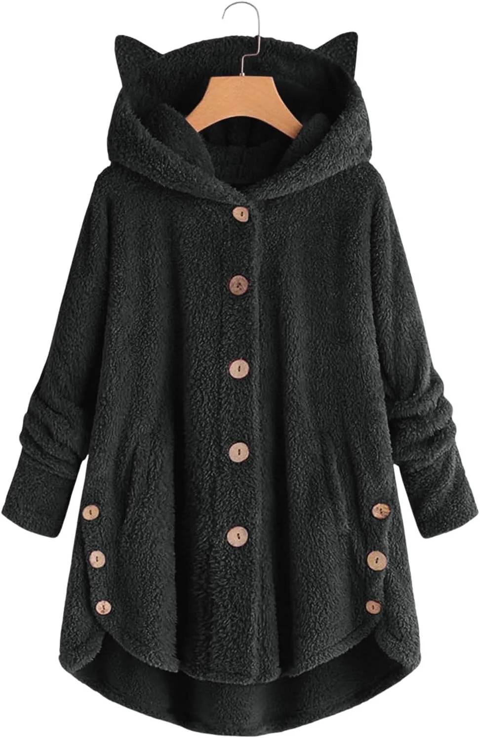 Fleece Jacket Women Pullover Hoodie Fleece Hooded Sweatshirt Cat Ear Pocket Solid Warm Winter Oversized Outwear