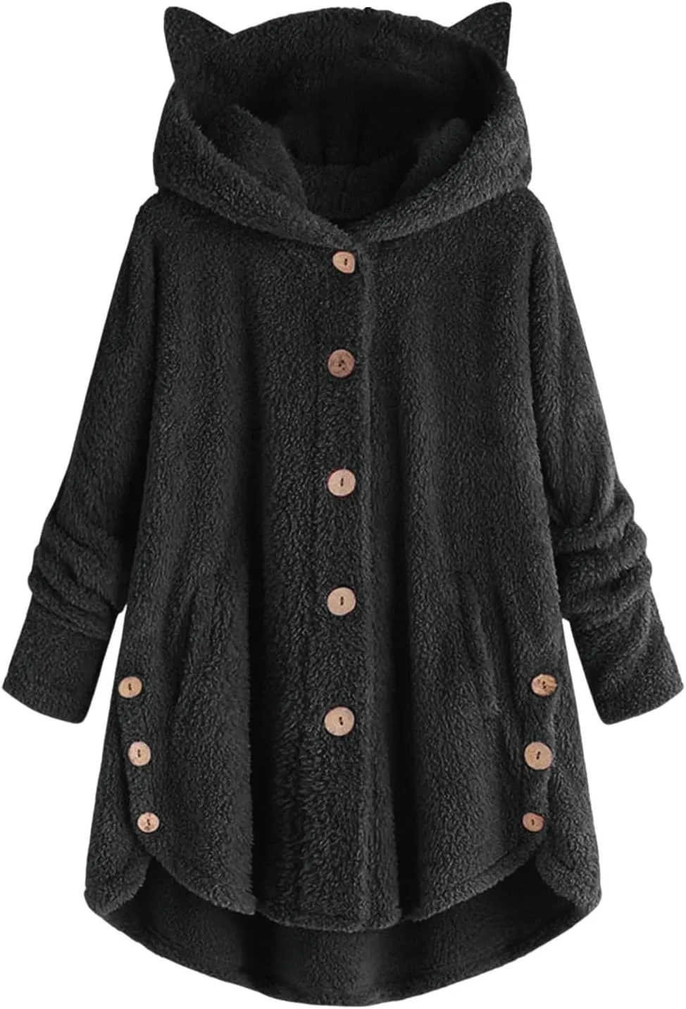Fleece Jacket Women Pullover Hoodie Fleece Hooded Sweatshirt Cat Ear Pocket Solid Warm Winter Oversized Outwear