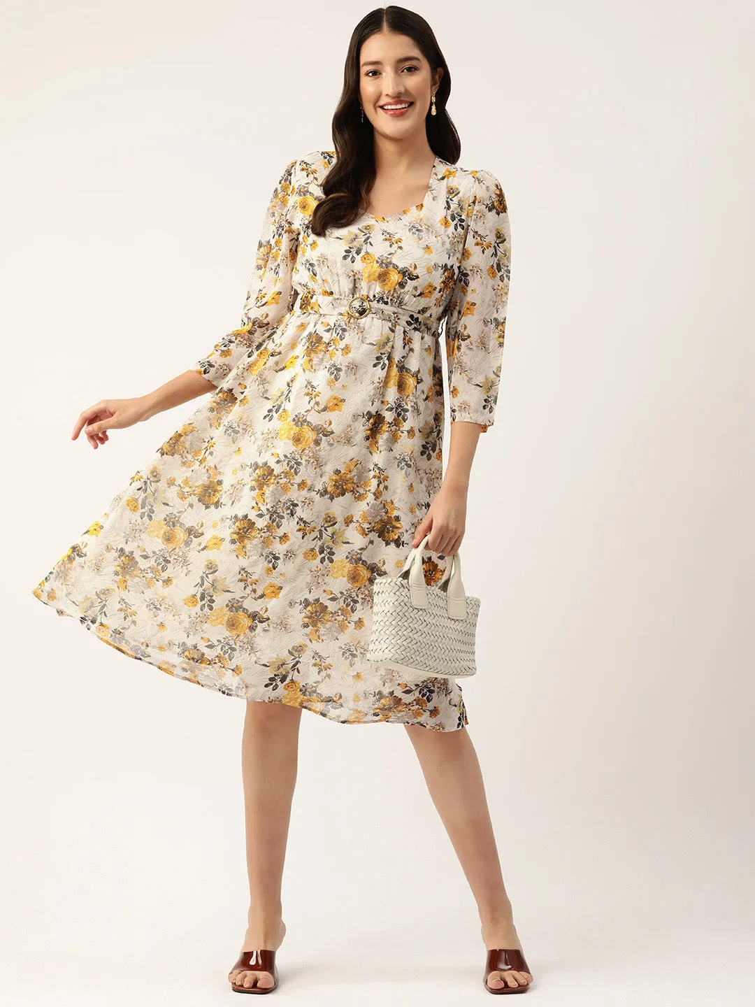 Floral Print Georgette Belted Empire Dress