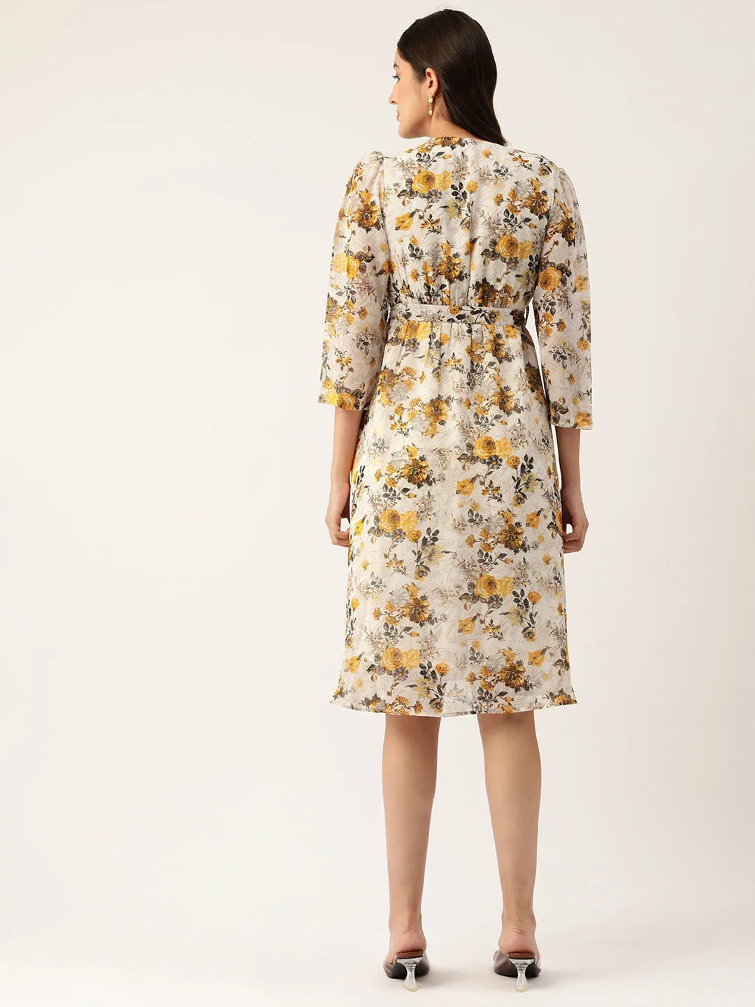 Floral Print Georgette Belted Empire Dress