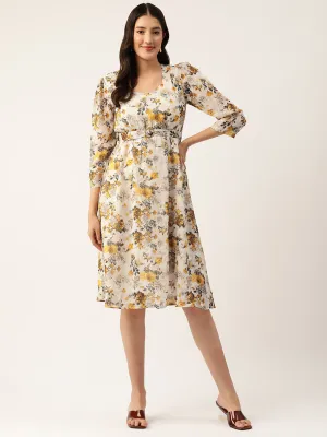 Floral Print Georgette Belted Empire Dress
