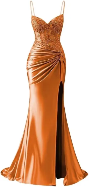 ForElise Spaghetti Strap Satin Prom Dresses 2025 Long Mermaid Lace Applique Corset Evening Gown with Slit