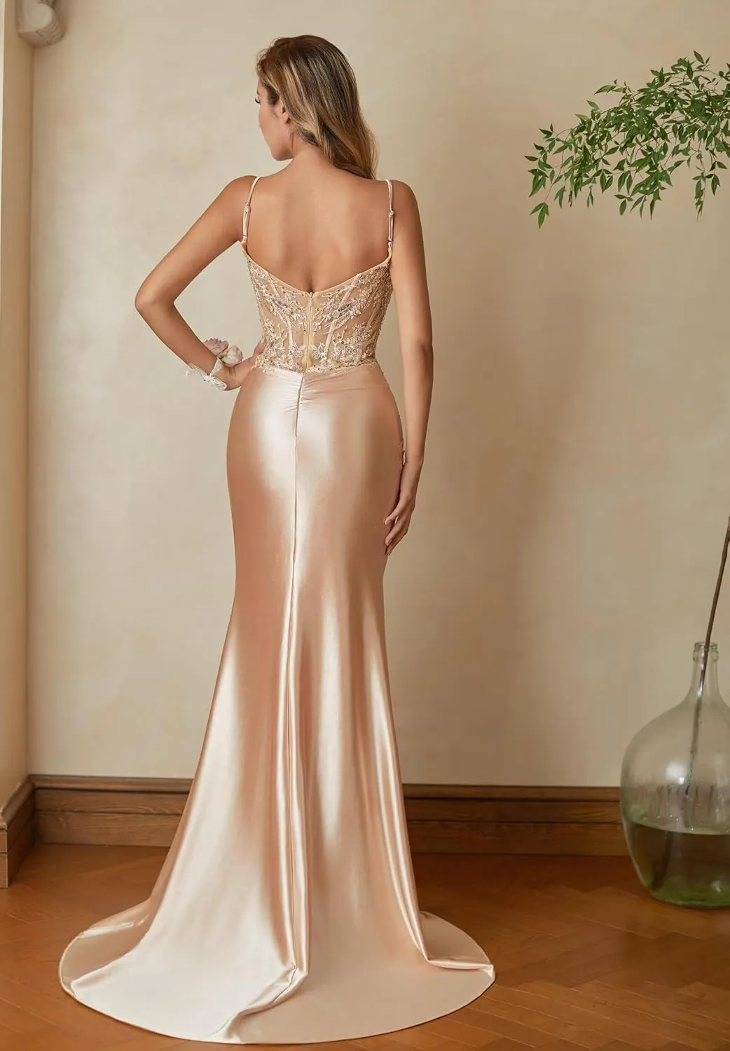 ForElise Spaghetti Strap Satin Prom Dresses 2025 Long Mermaid Lace Applique Corset Evening Gown with Slit