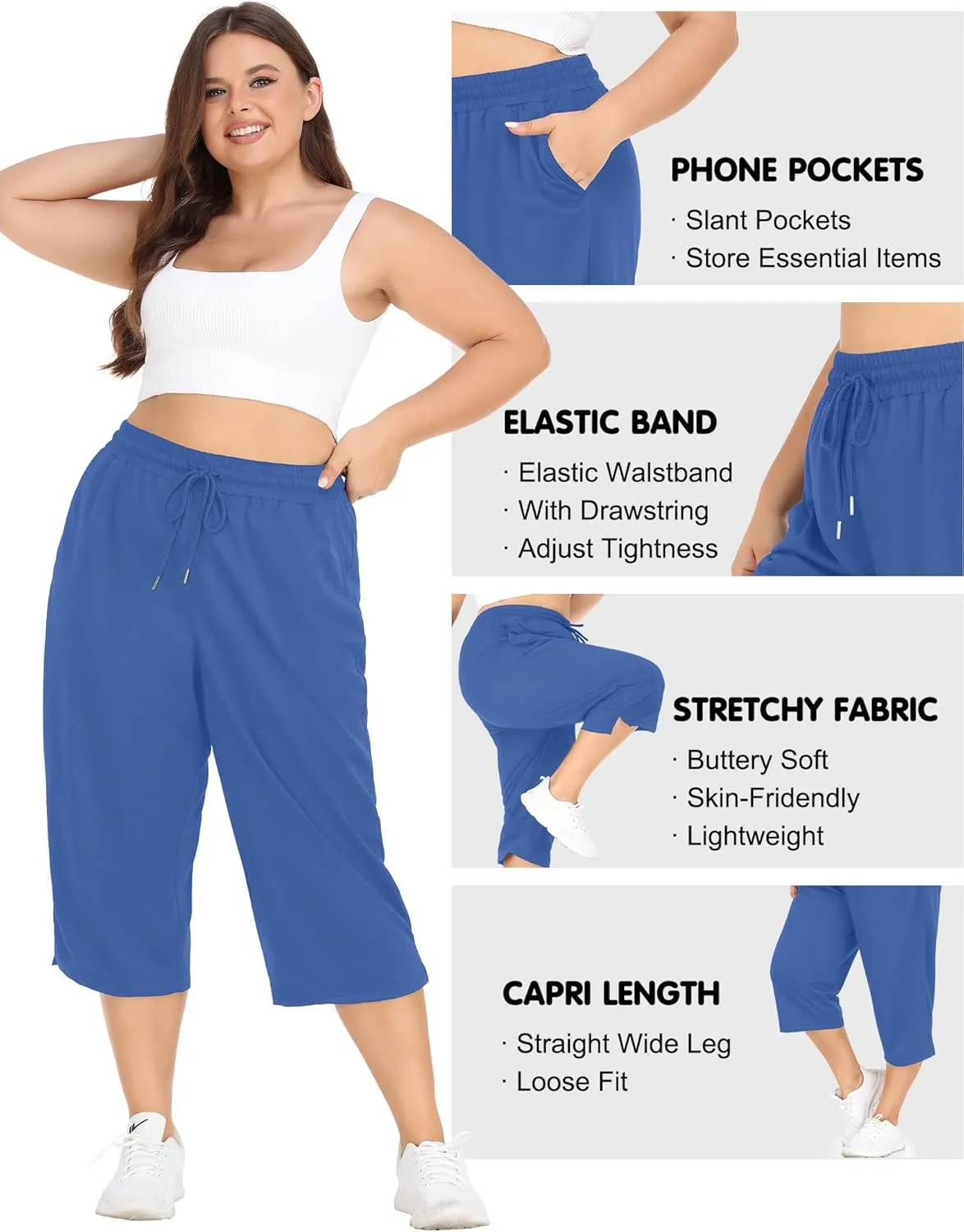 FOREYOND Plus Size Capri Pants for Women Loose Fit Yoga Pants with Pockets Workout Activewear Sweatpants