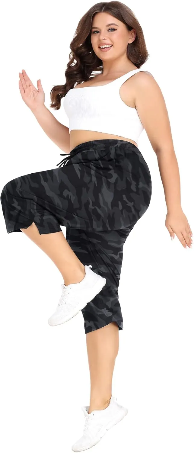 FOREYOND Plus Size Capri Pants for Women Loose Fit Yoga Pants with Pockets Workout Activewear Sweatpants