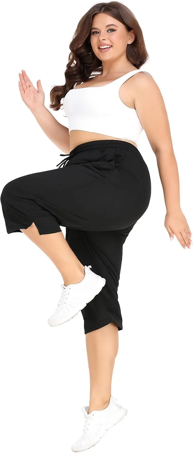 FOREYOND Plus Size Capri Pants for Women Loose Fit Yoga Pants with Pockets Workout Activewear Sweatpants