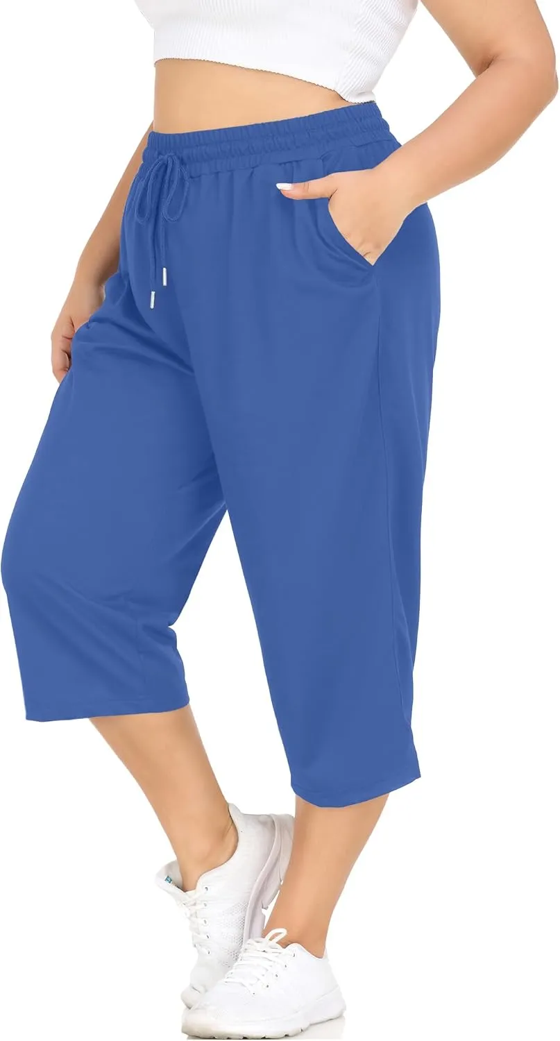 FOREYOND Plus Size Capri Pants for Women Loose Fit Yoga Pants with Pockets Workout Activewear Sweatpants