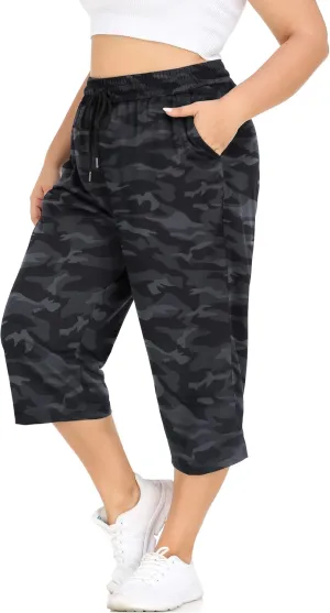 FOREYOND Plus Size Capri Pants for Women Loose Fit Yoga Pants with Pockets Workout Activewear Sweatpants