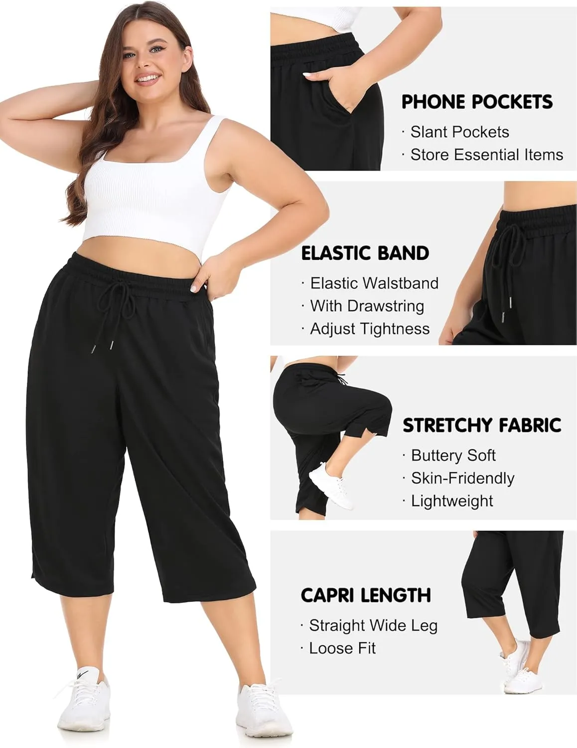 FOREYOND Plus Size Capri Pants for Women Loose Fit Yoga Pants with Pockets Workout Activewear Sweatpants