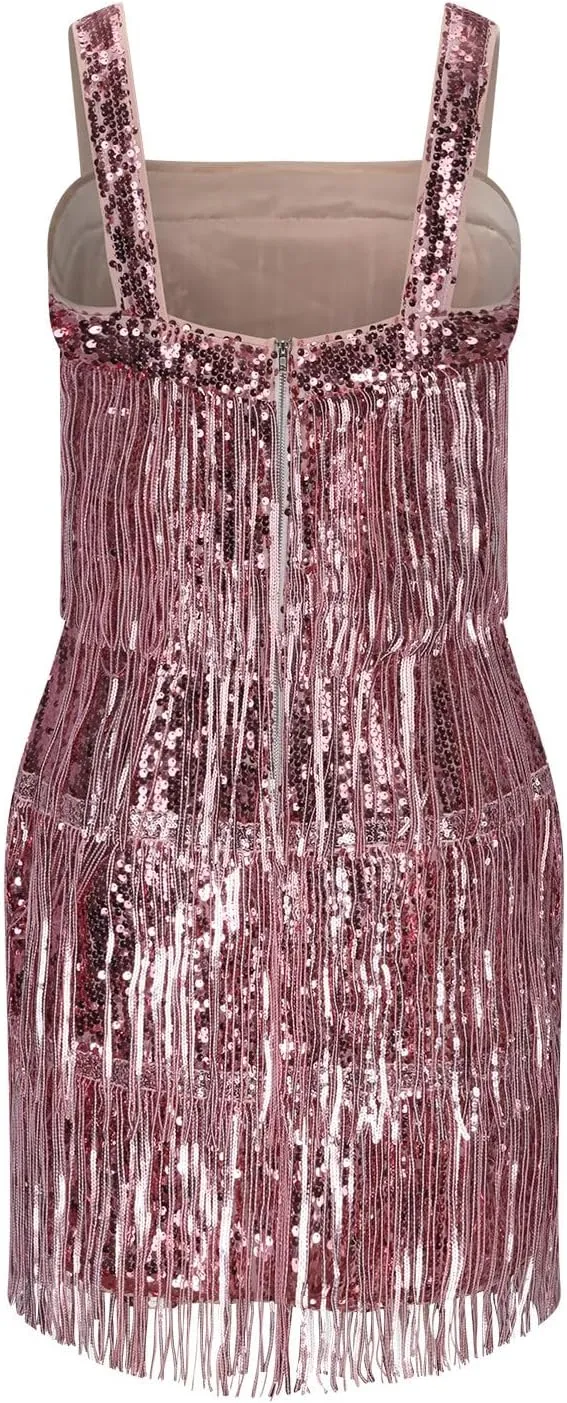 Formal Dresses for Juniors Sleeveless Spaghetti Strap Vneck Sequin Bling Fringe Dresses Homecoming Dresses Women