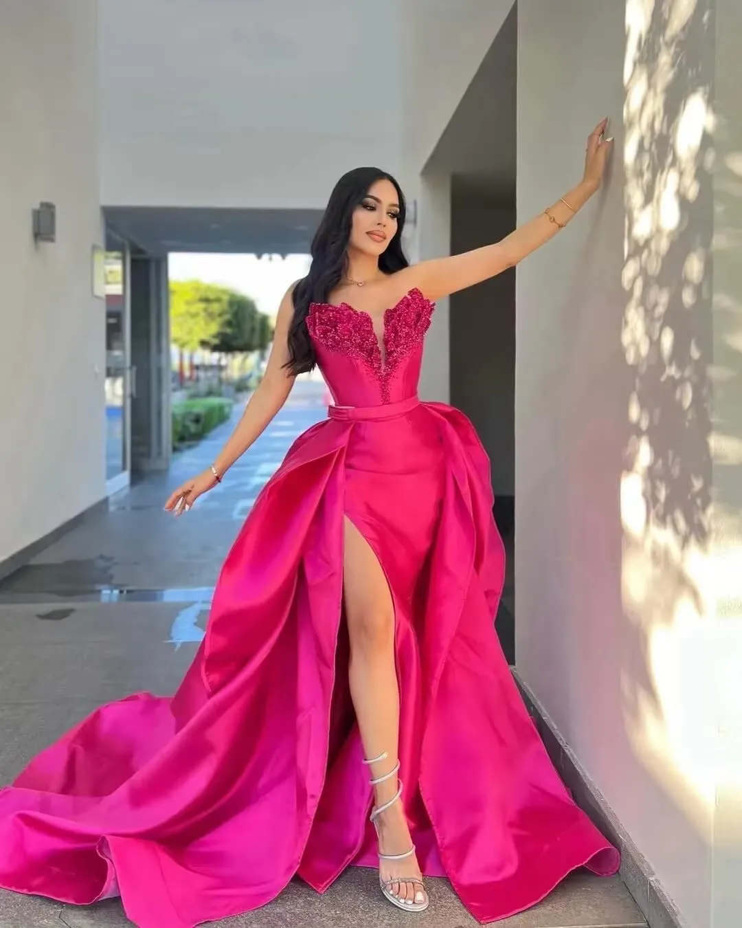 GARDOM Mermaid Satin Prom Dress 2025 Strapless Ball Gown Leaf Ruffle Sequin Slit Prom Dresses for Women Evening Wedding