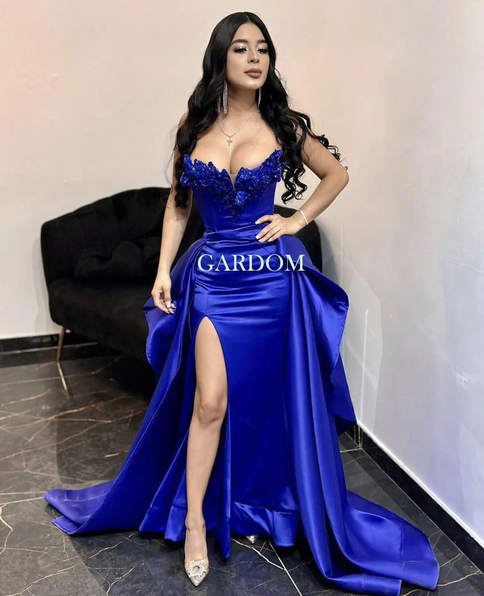 GARDOM Mermaid Satin Prom Dress 2025 Strapless Ball Gown Leaf Ruffle Sequin Slit Prom Dresses for Women Evening Wedding