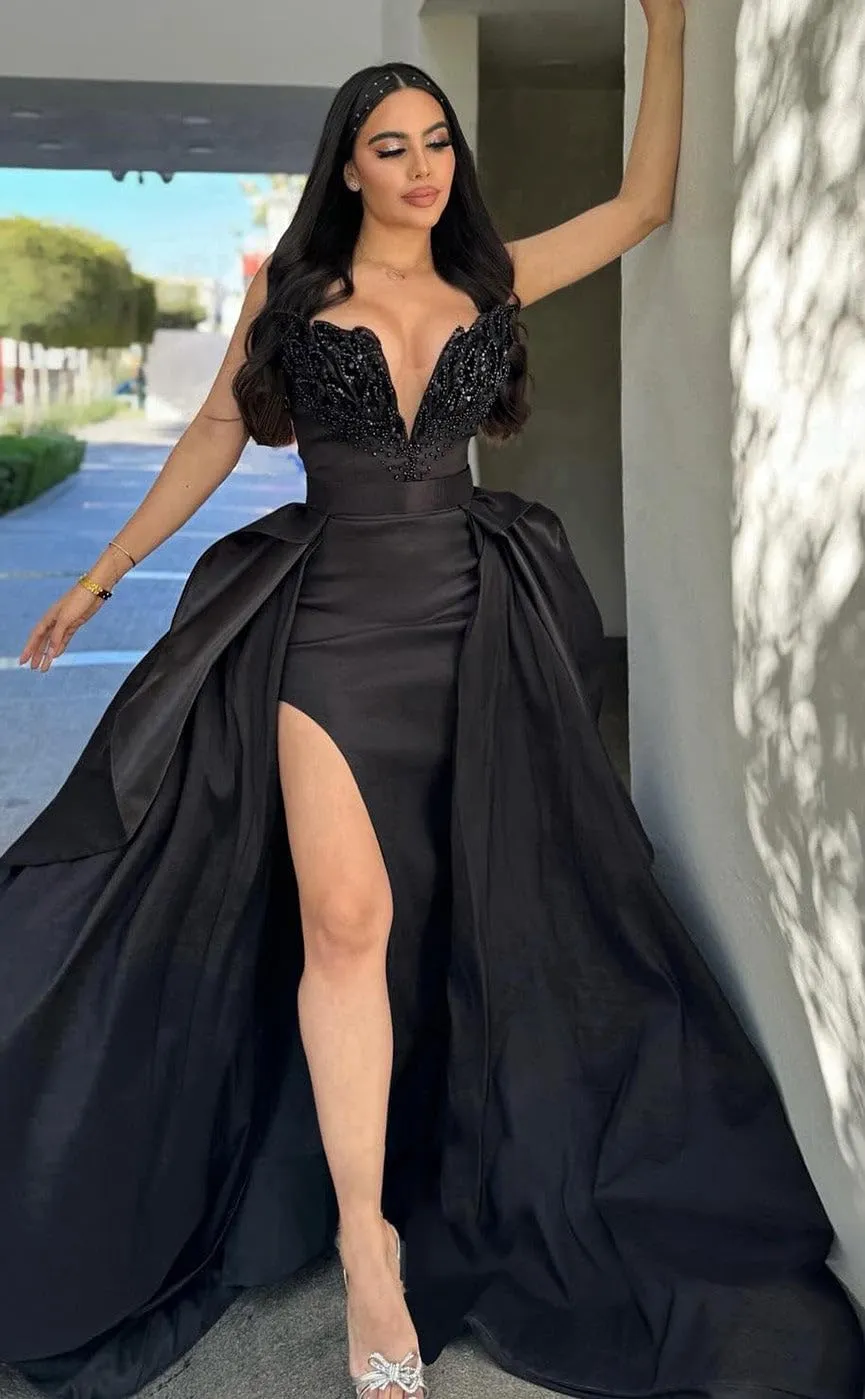 GARDOM Mermaid Satin Prom Dress 2025 Strapless Ball Gown Leaf Ruffle Sequin Slit Prom Dresses for Women Evening Wedding