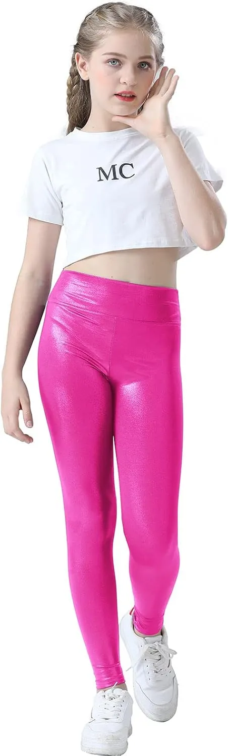 Girls Metallic Active Leggings Size 4-14 Years Shiny Sparkly Mystique Stretch Ankle Length for Kids Youth Teen
