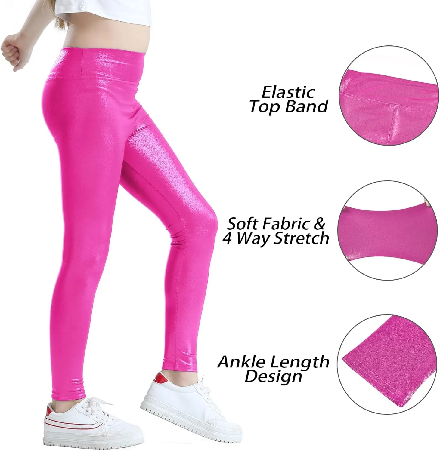 Girls Metallic Active Leggings Size 4-14 Years Shiny Sparkly Mystique Stretch Ankle Length for Kids Youth Teen