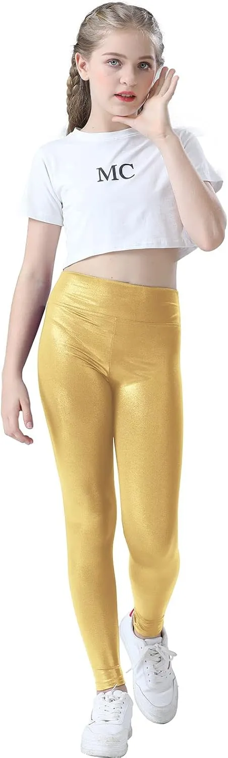 Girls Metallic Active Leggings Size 4-14 Years Shiny Sparkly Mystique Stretch Ankle Length for Kids Youth Teen