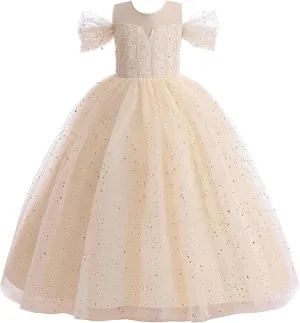 Glamulice Princess Sparkle Tulle Dress Flower Girls Dresses Cold Shoulder Long A Line Wedding Party Ball Gown