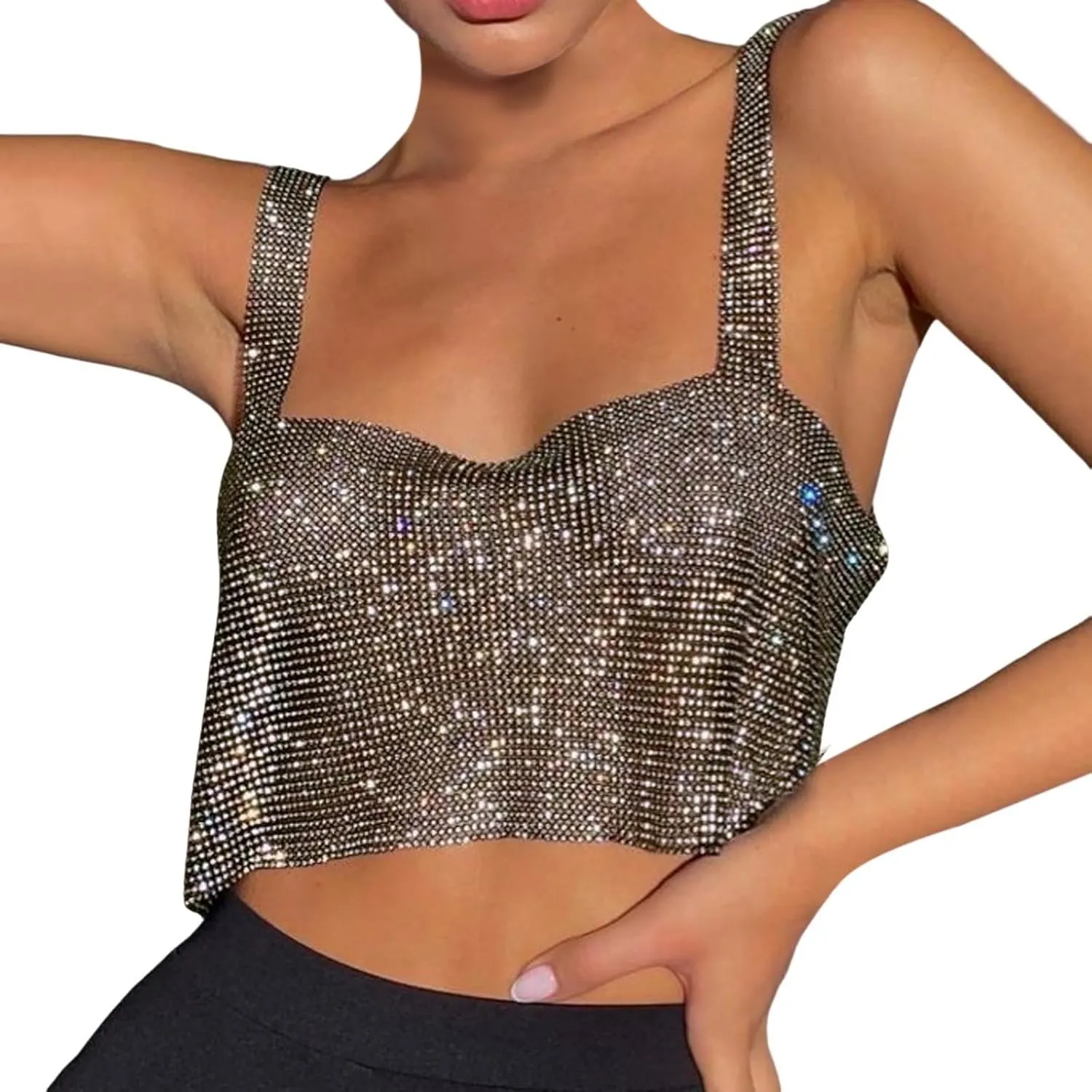 Glitter Party Tank Tops for Women Spring Sequin Camisole Sleeveless 2025 Blouses Sparkly Rhinestone Club Y2K Sparkle