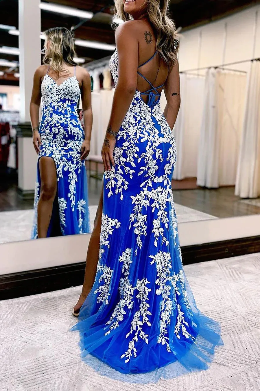 Gorgeous Mermaid Spaghetti Straps V-Neck Prom Dress with Slit Evening Party Dress