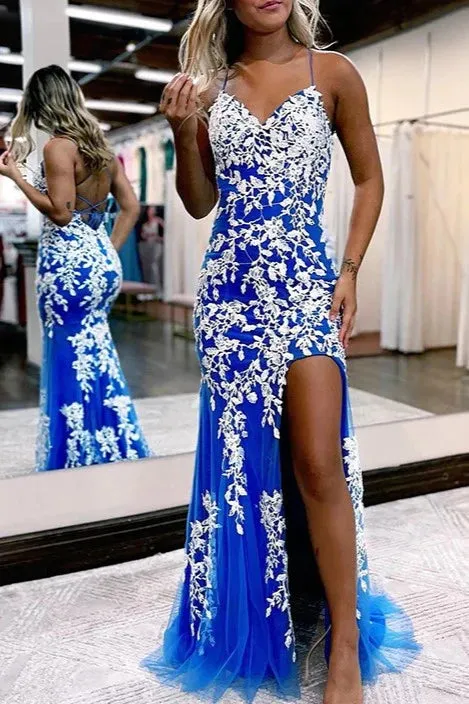 Gorgeous Mermaid Spaghetti Straps V-Neck Prom Dress with Slit Evening Party Dress
