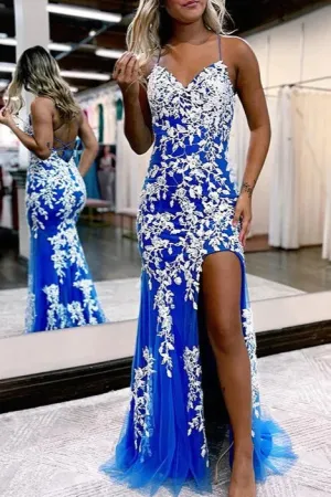Gorgeous Mermaid Spaghetti Straps V-Neck Prom Dress with Slit Evening Party Dress