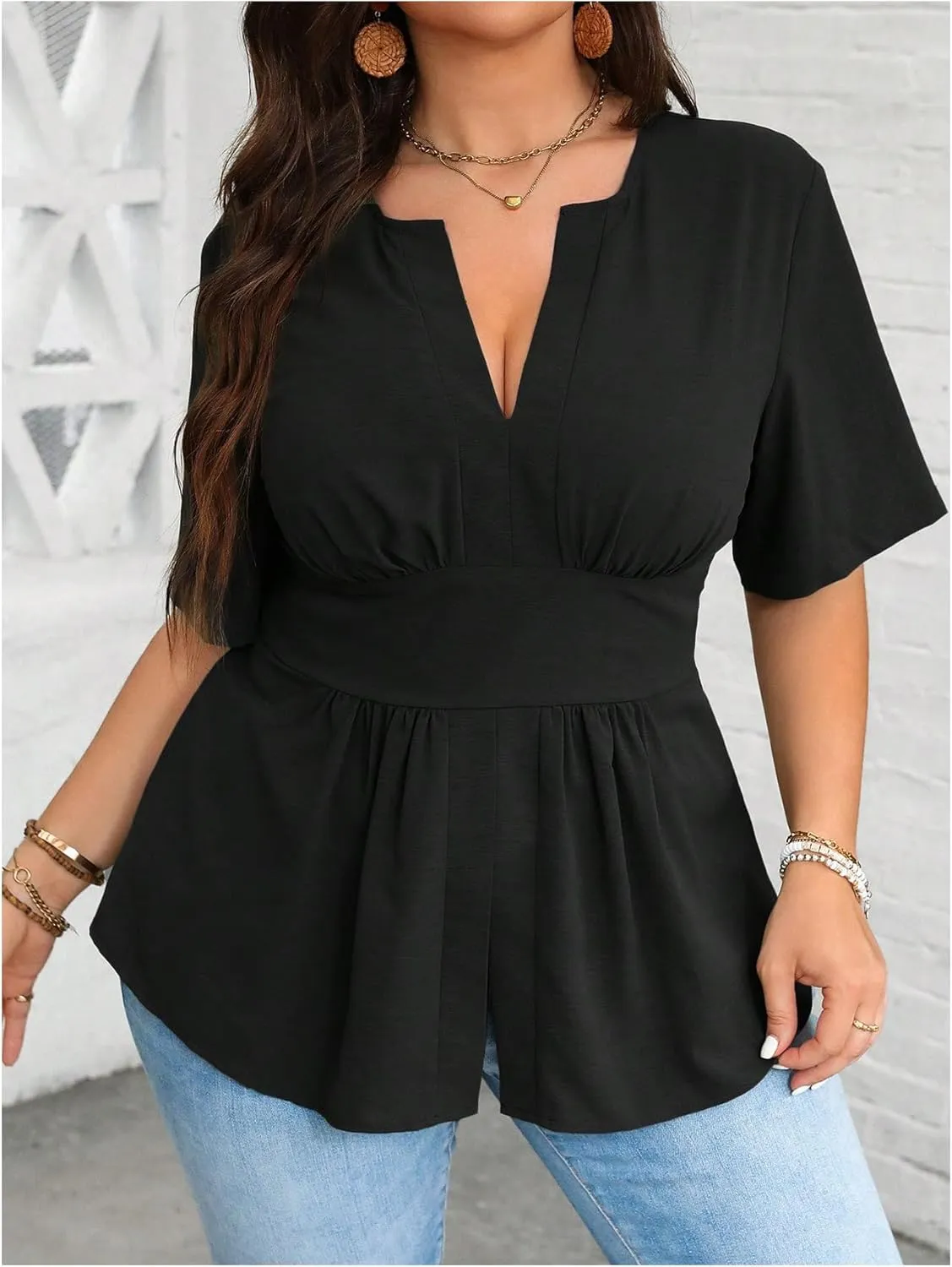 GORGLITTER Women's Plus Size Peplum Tops Short Sleeve V Neck Asymmetrical Blouse Shirts Summer Going Out Tops 2025