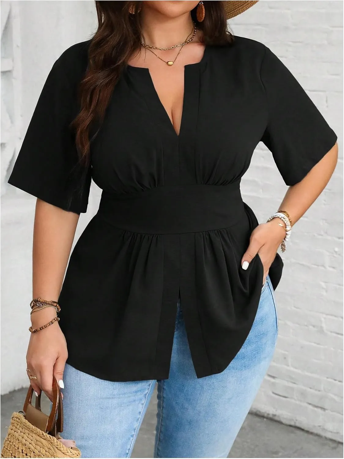 GORGLITTER Women's Plus Size Peplum Tops Short Sleeve V Neck Asymmetrical Blouse Shirts Summer Going Out Tops 2025