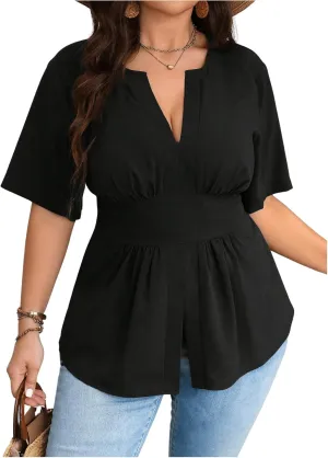 GORGLITTER Women's Plus Size Peplum Tops Short Sleeve V Neck Asymmetrical Blouse Shirts Summer Going Out Tops 2025
